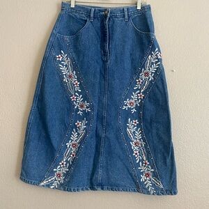 Vinta blue denim embroidered midi skinny
